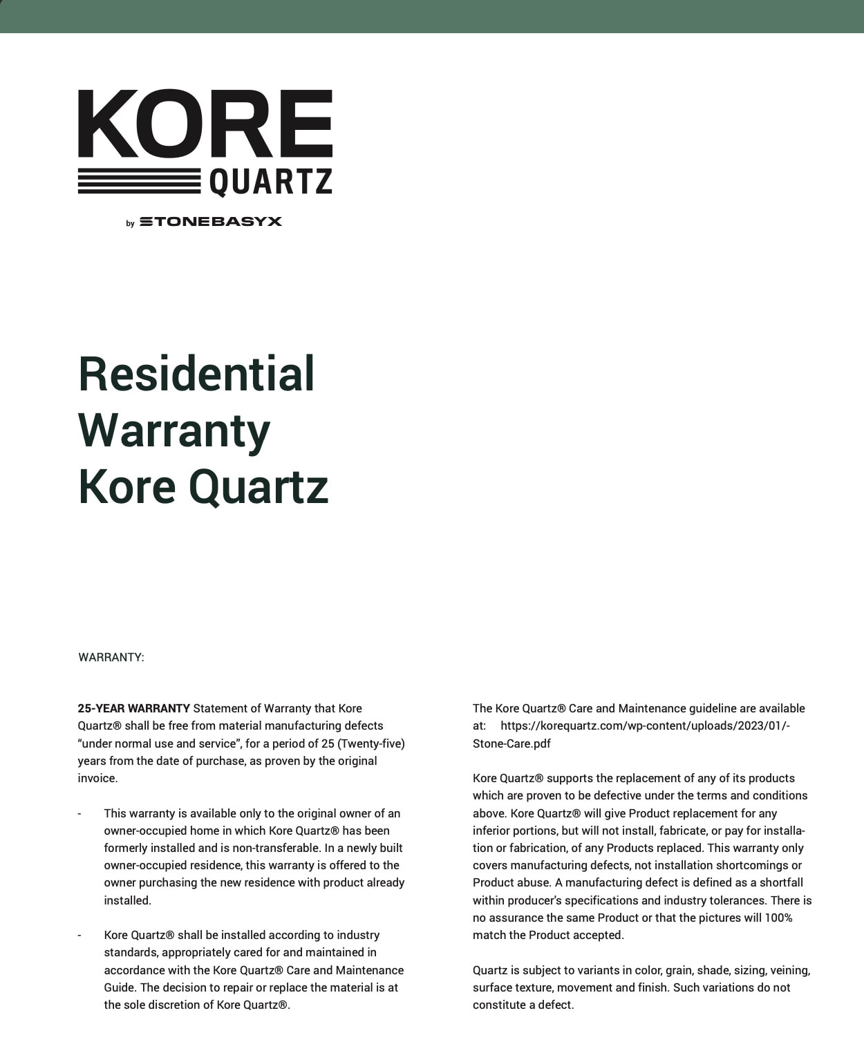 Kore Quartz residential warranty